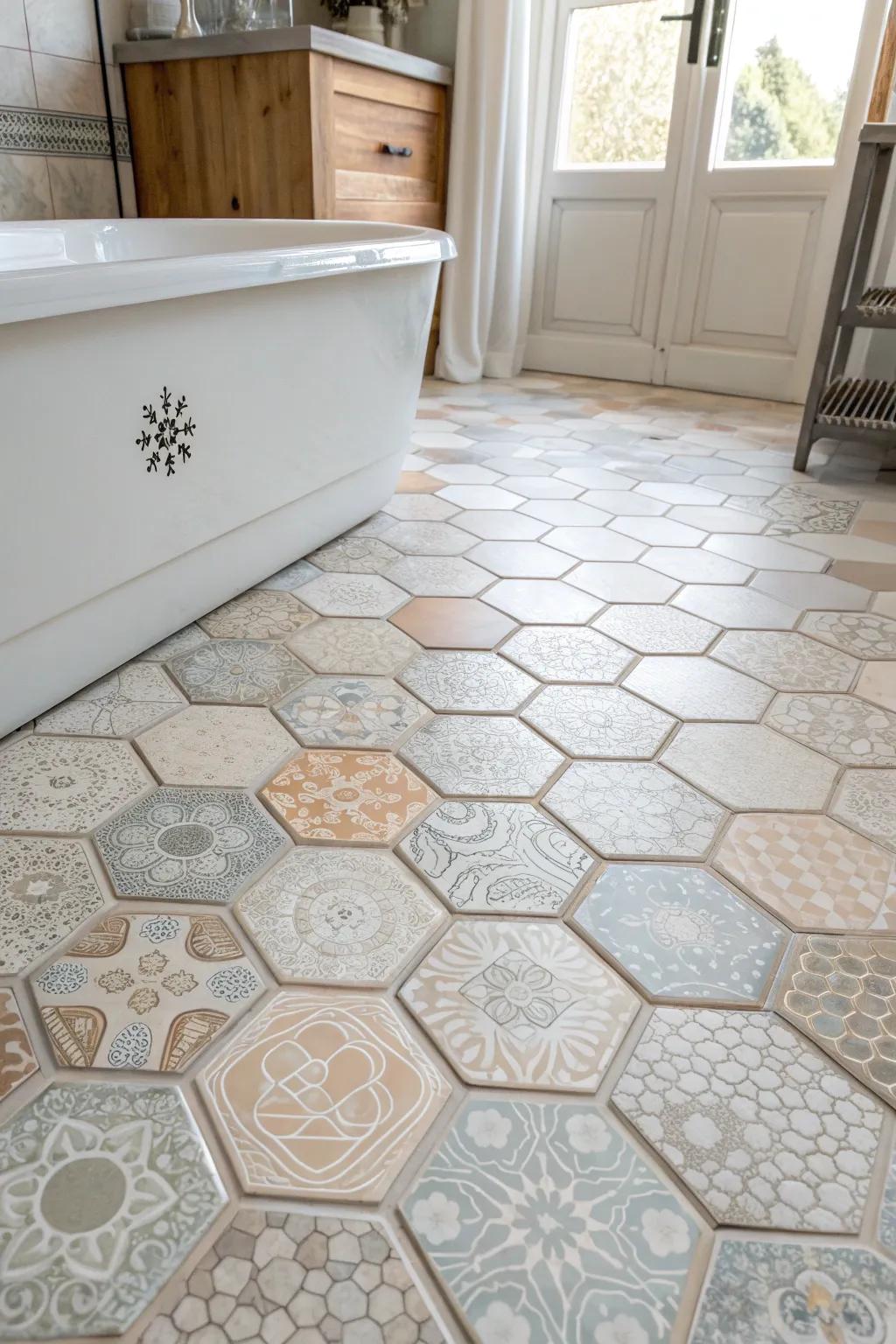 Transform your bathroom with timeless hexagon ceramic tiles—where craftsmanship meets minimalist elegance.