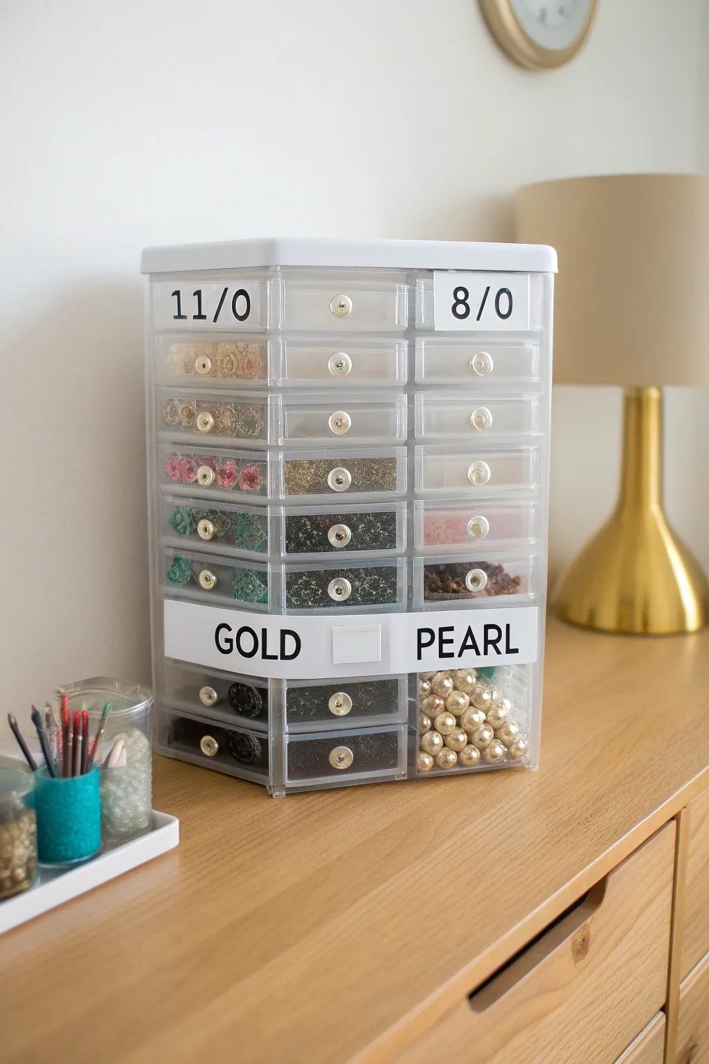 Mini parts drawer tower with sleek DIY labels—beads sorted by size and finish in seconds.