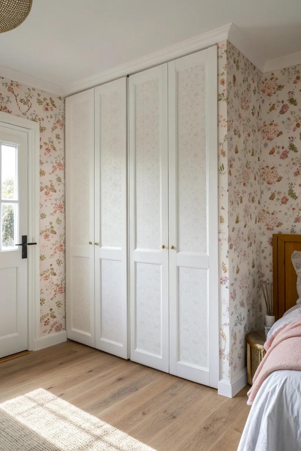 A renter-friendly peel-and-stick wallpaper moment that makes bifold closet doors look custom.