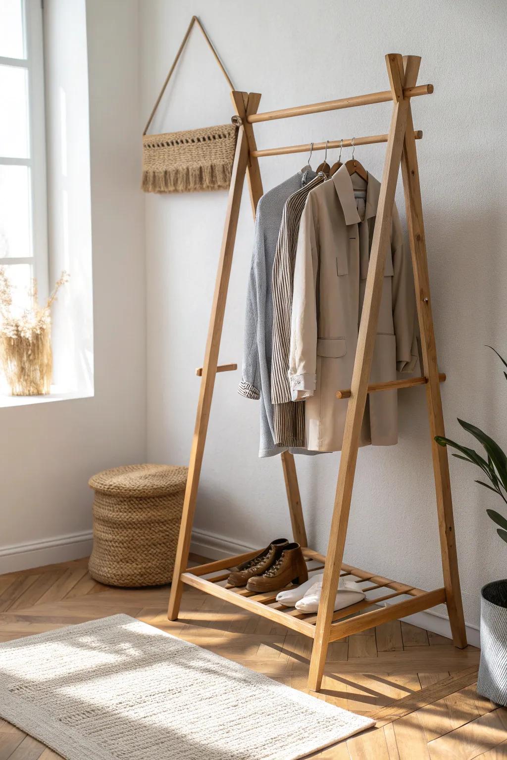 A minimal wooden A-frame clothes rack that turns any small entryway into a tidy drop zone.