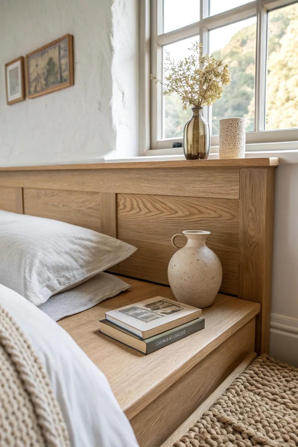 DIY built-in headboard ledge for a corner bed—stylish storage that keeps small spaces serene.
