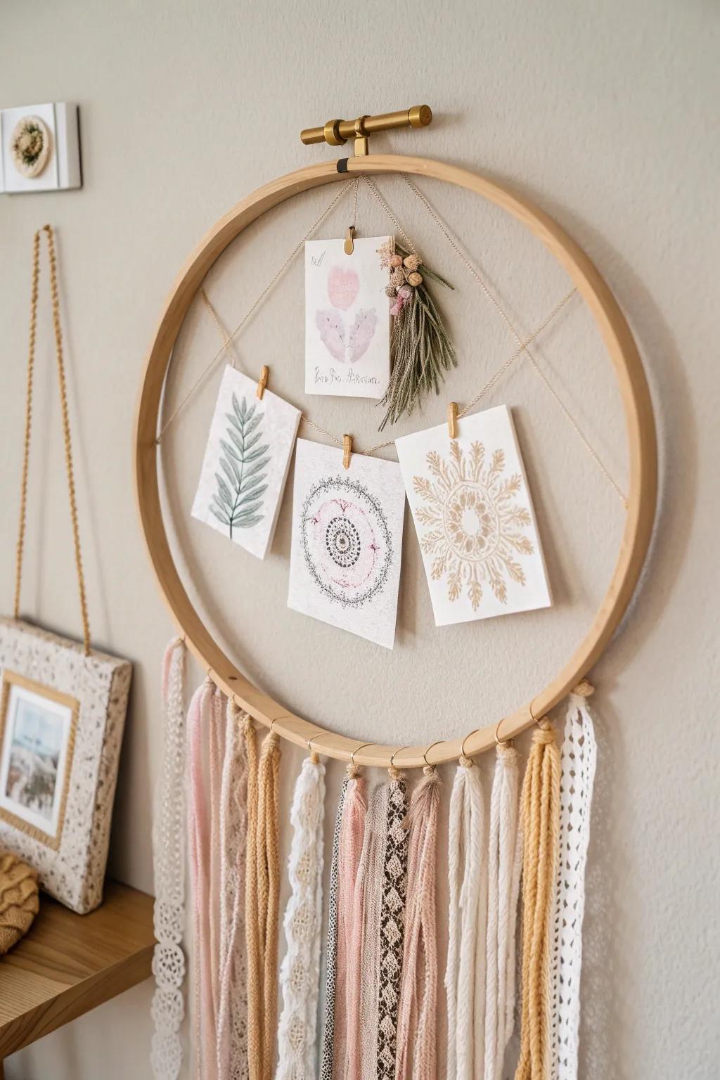 Transform your walls into a canvas of creativity with this chic embroidery hoop card display.