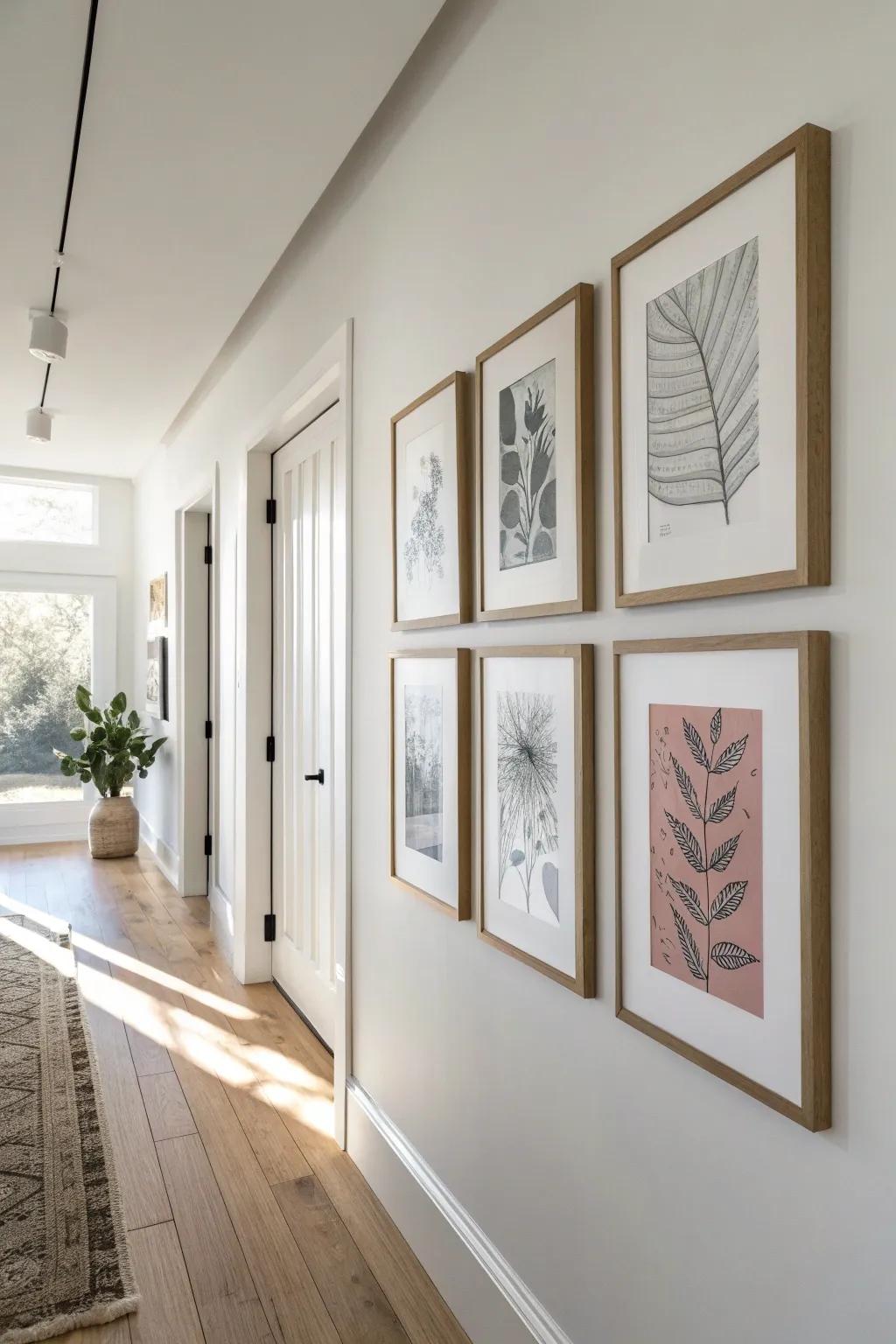 Turn a narrow hallway into calm art with a softly lit mini gallery wall of matching frames.