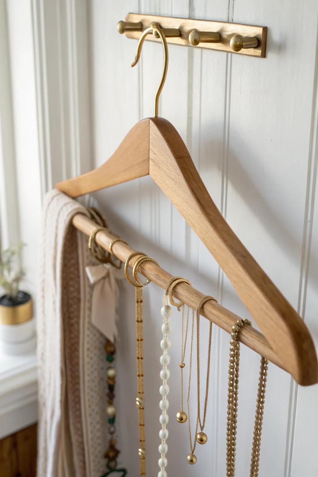 Upcycled hanger jewelry holder—slim, chic storage that hides on a closet rod for small spaces.
