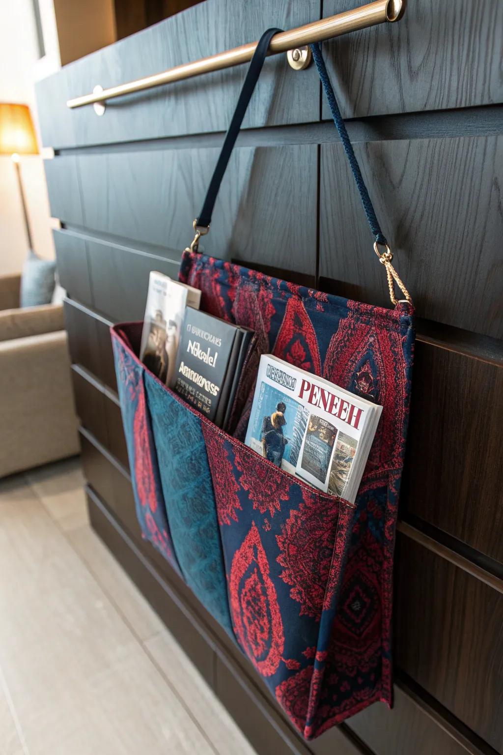Elevate your space with a vibrant DIY fabric sling magazine rack.