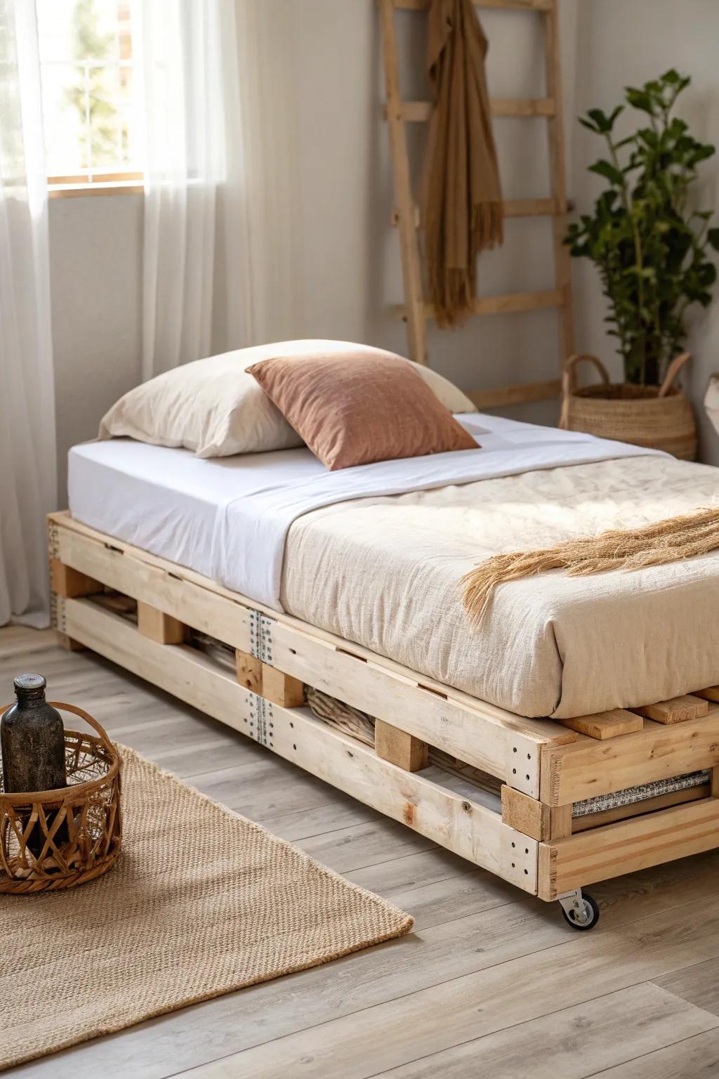 DIY rolling pallet trundle bed—sleepover-ready comfort that tucks away in small kids’ rooms.