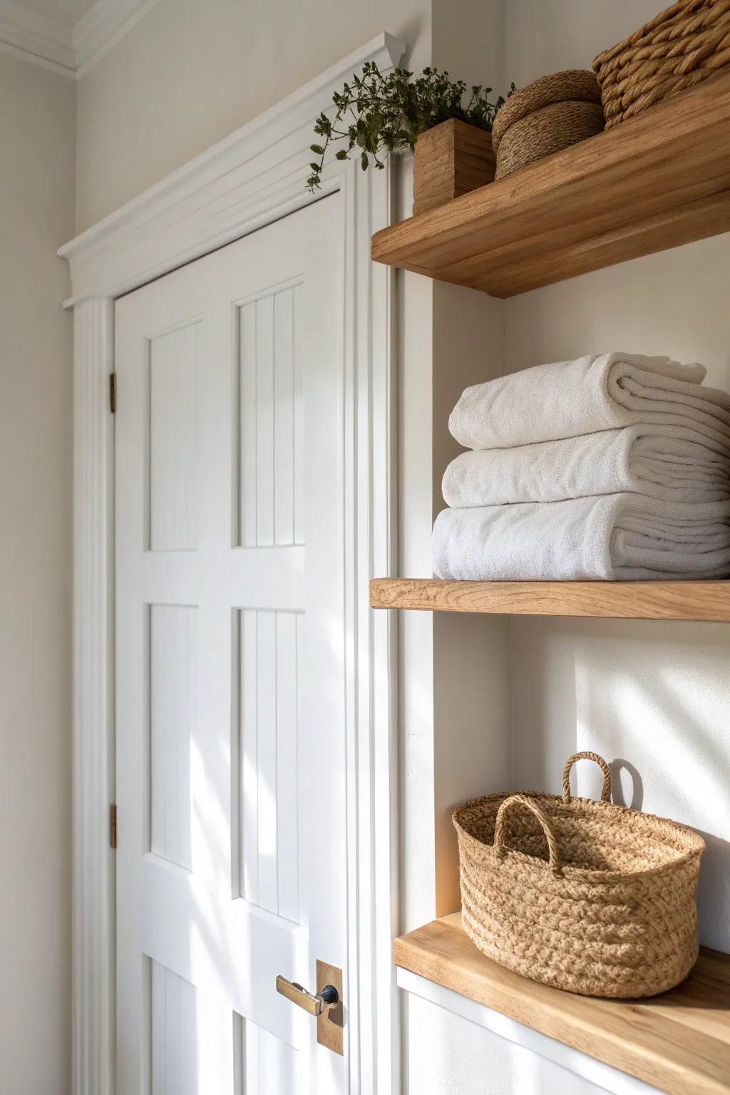 A slim oak shelf ledge above the door—an elegant hidden spot for linens in small bedrooms.