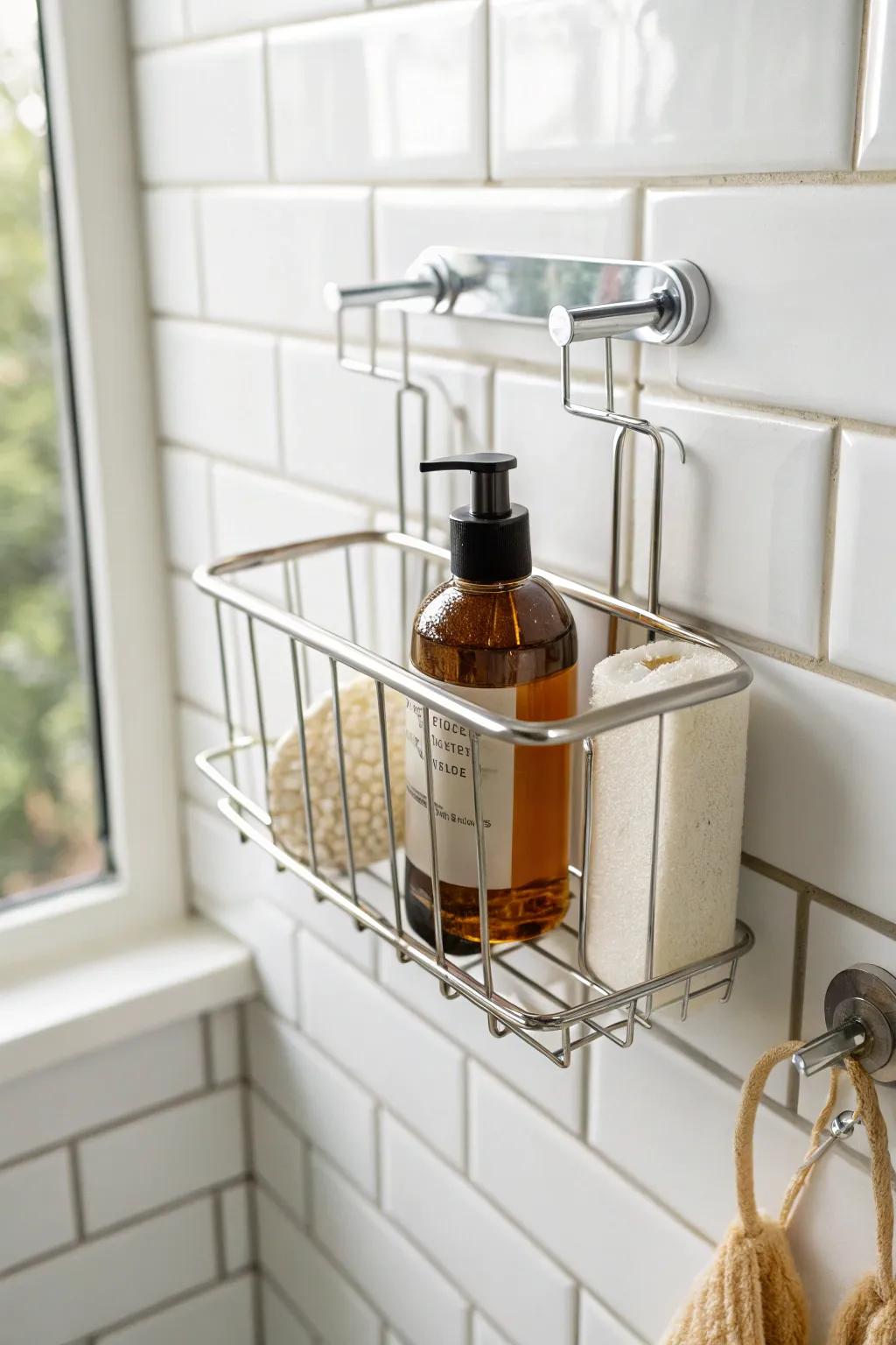 No-drill shower caddy: adhesive hooks + perforated basket for a clean, drain-friendly setup.