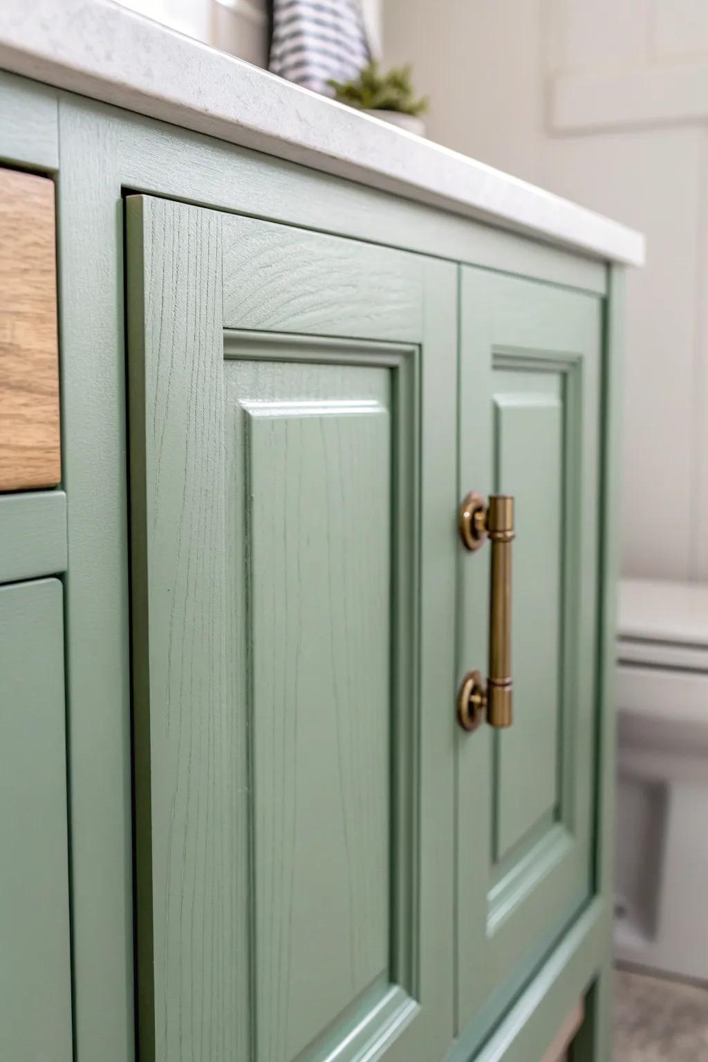 A simple vanity repaint + new brass pull makes a small bathroom feel instantly refreshed.