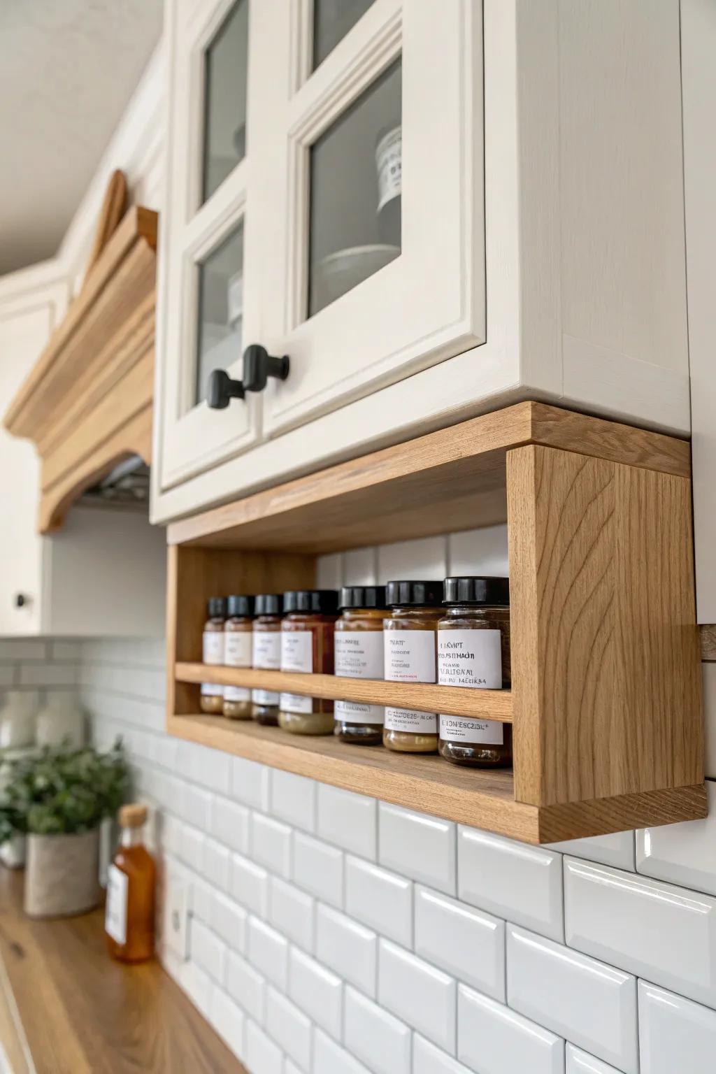 Slim under-cabinet strip shelf keeps spices within reach and frees up a whole drawer.