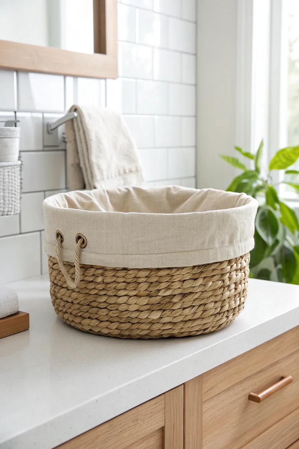 Scratchy basket? Add a linen fold-over liner for a softer, polished bathroom look.