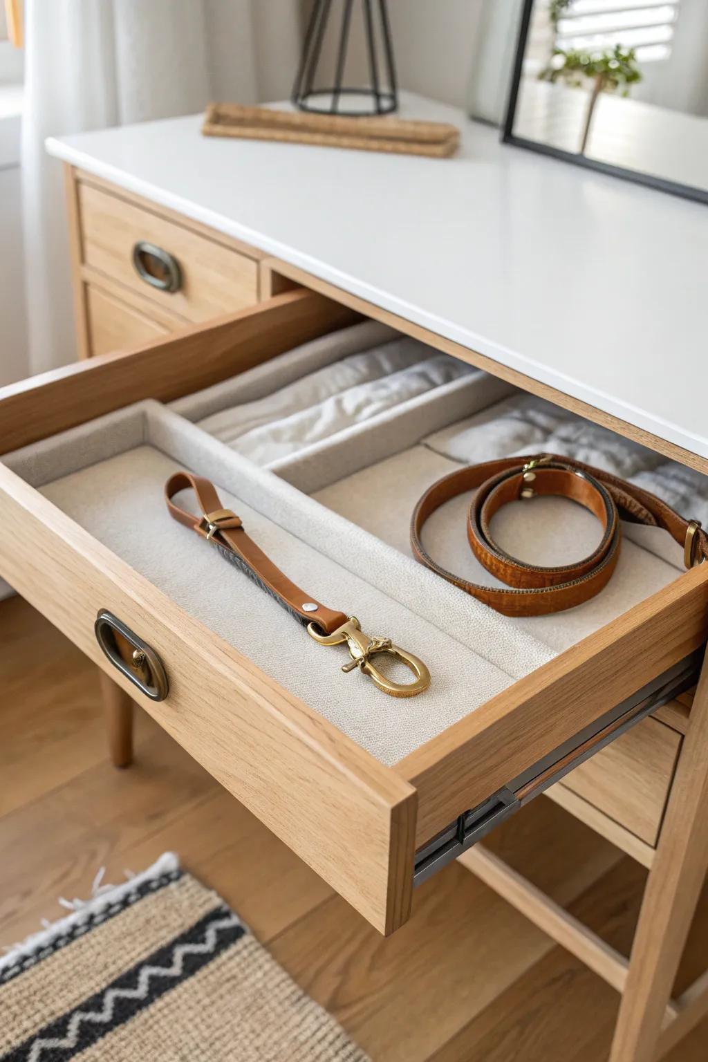 A calm-entry solution: one divided drawer keeps leashes, harnesses, and clips tangle-free.