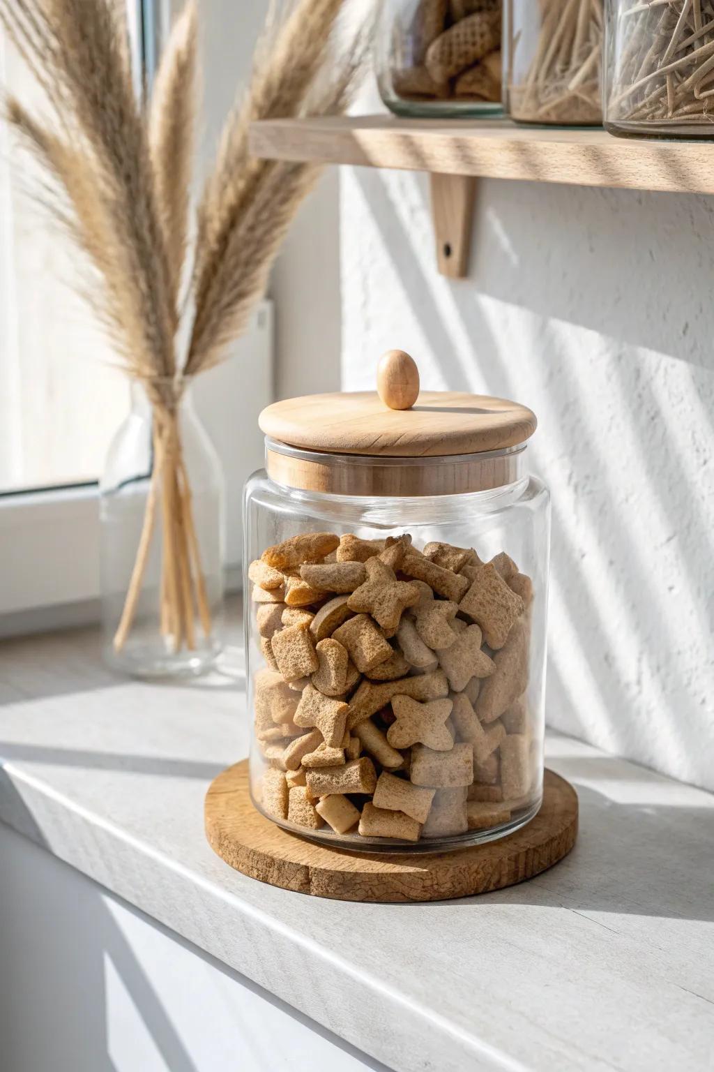 Airtight treat jar on a high shelf—cute, clutter-free storage your dog can’t reach.