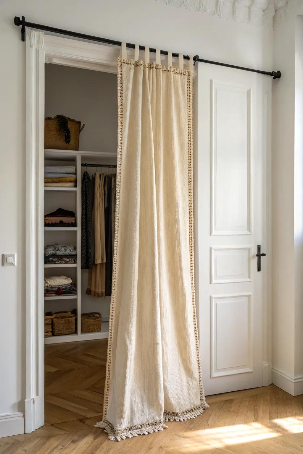 A linen closet doorway curtain hides clutter and ends the door-swing struggle in tight bedrooms.