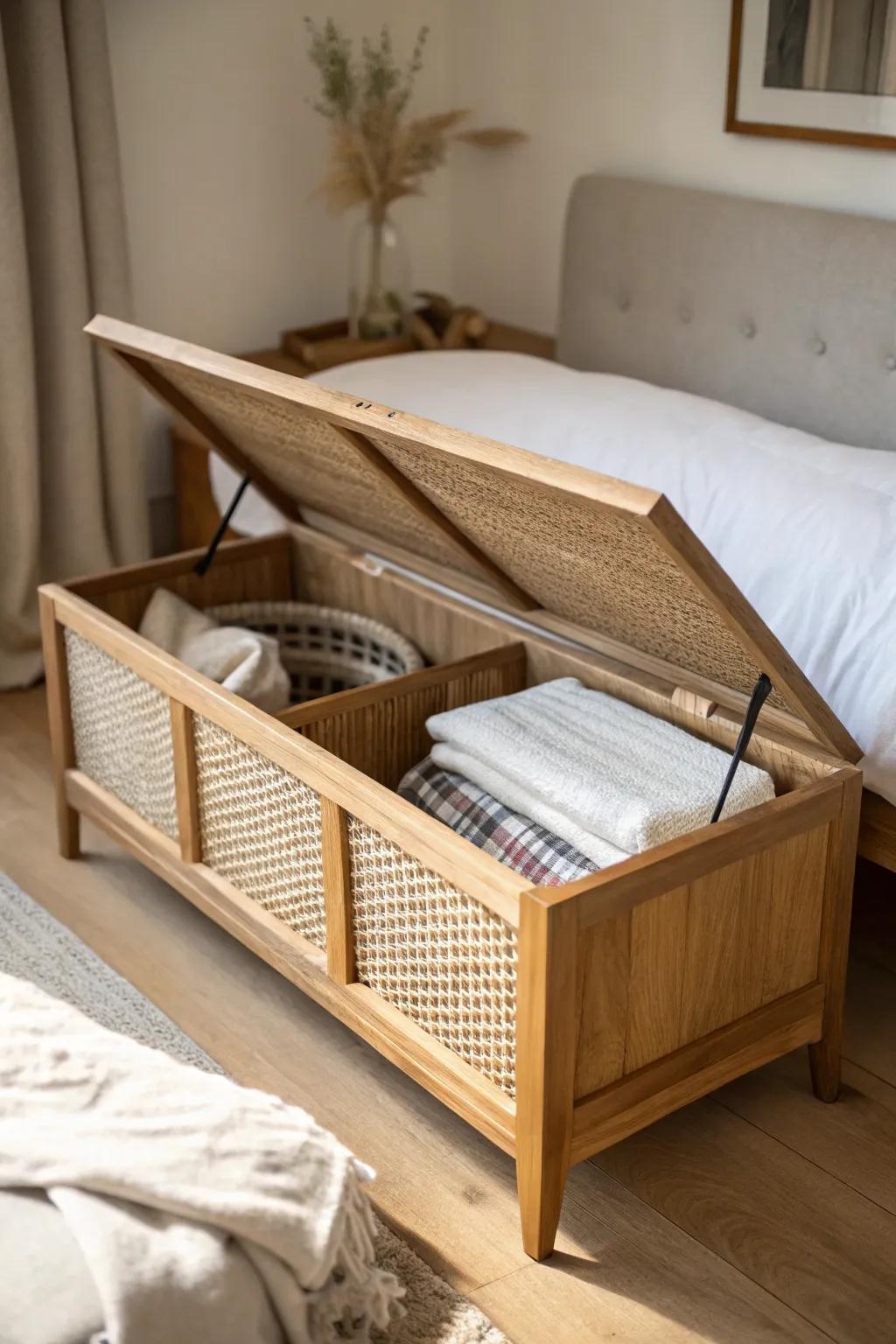 A slim storage bench adds seating and hidden space—perfect at the end of a dorm bed.