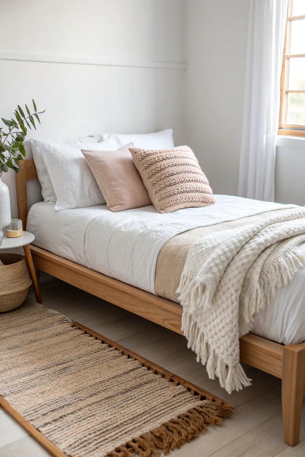 Turn a dorm bed into a cozy daybed—wall-hugged, layered pillows, and a soft linen throw.