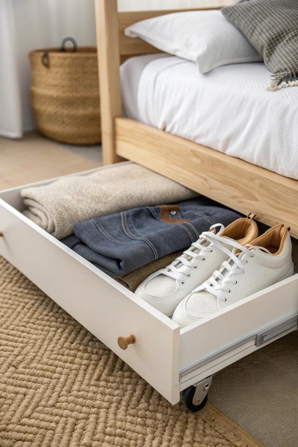 Roll-out under-bed drawer for grab-and-go shoes and hoodies—perfect for tight dorm space.