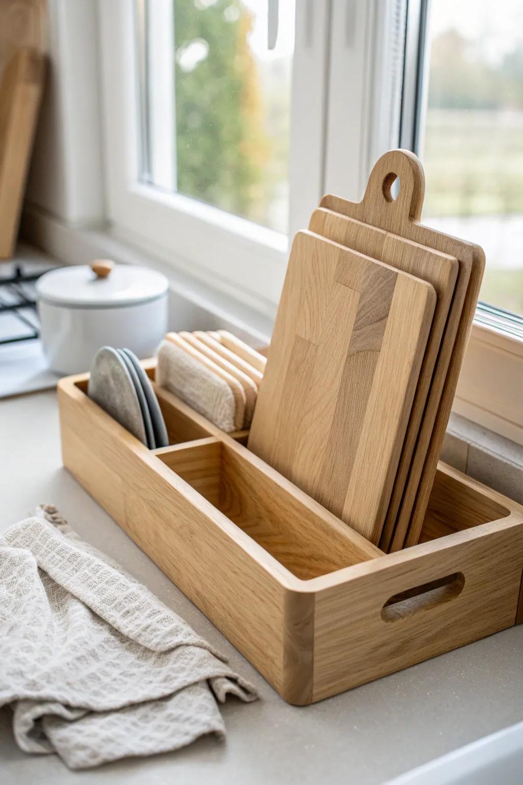 Vertical dividers keep boards and baking sheets upright, quiet, and easy to grab in one smooth pull.