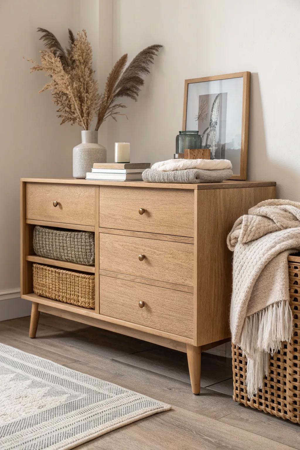 A chic living-room dresser that hides blankets and board games—styled outside, storage inside.
