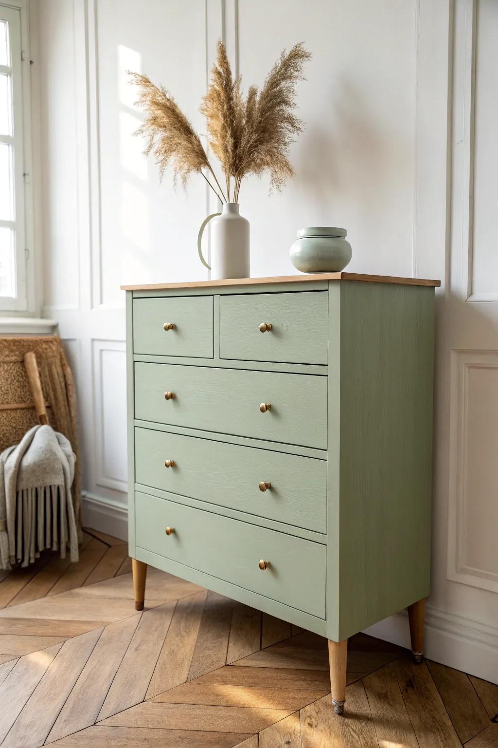 Matte sage green dresser—an easy, calming refresh that pairs beautifully with wood and white walls.