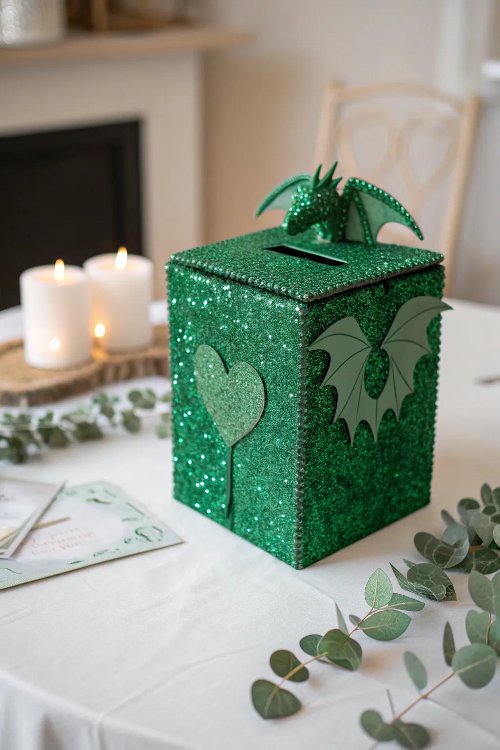 Enchantingly fierce: Create magic with this glittery green dragon Valentine box!