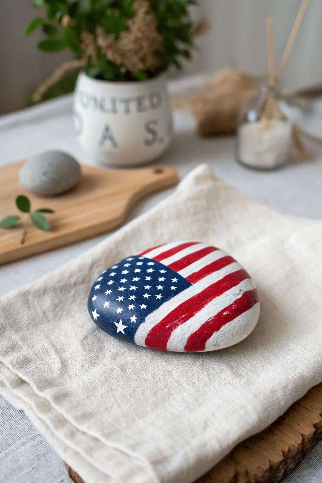 Celebrate patriotism with minimalist charm: tiny American flag rocks perfect for your garden or as thoughtful gifts.