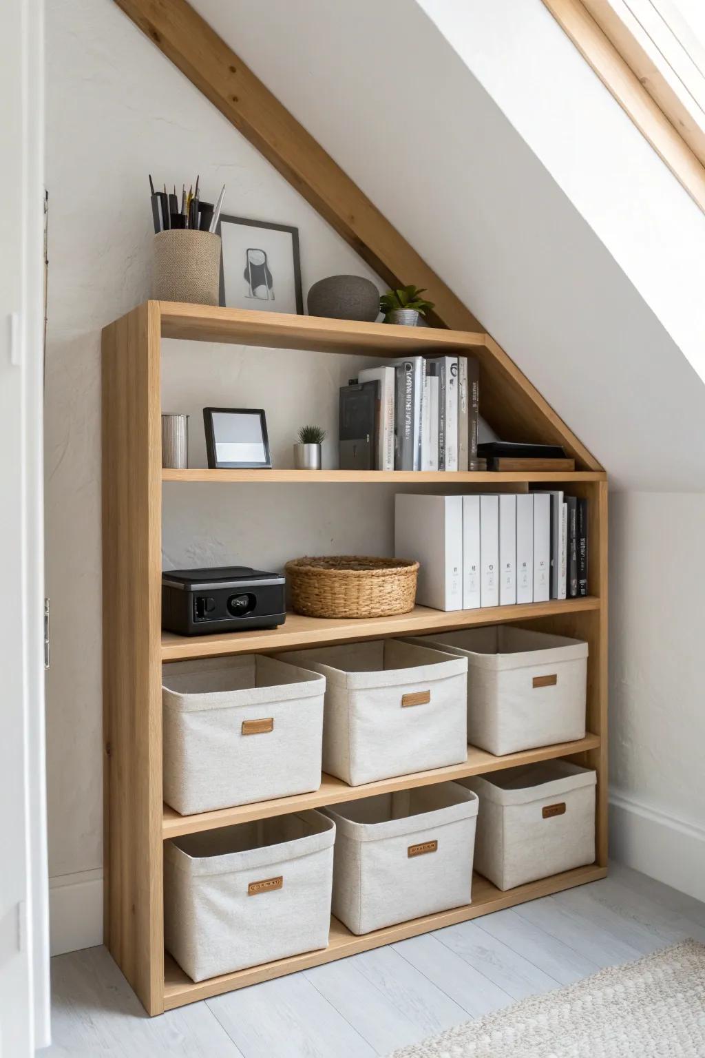 Open eaves shelves with matching bins—grab-and-go storage that always stays calm and chic.