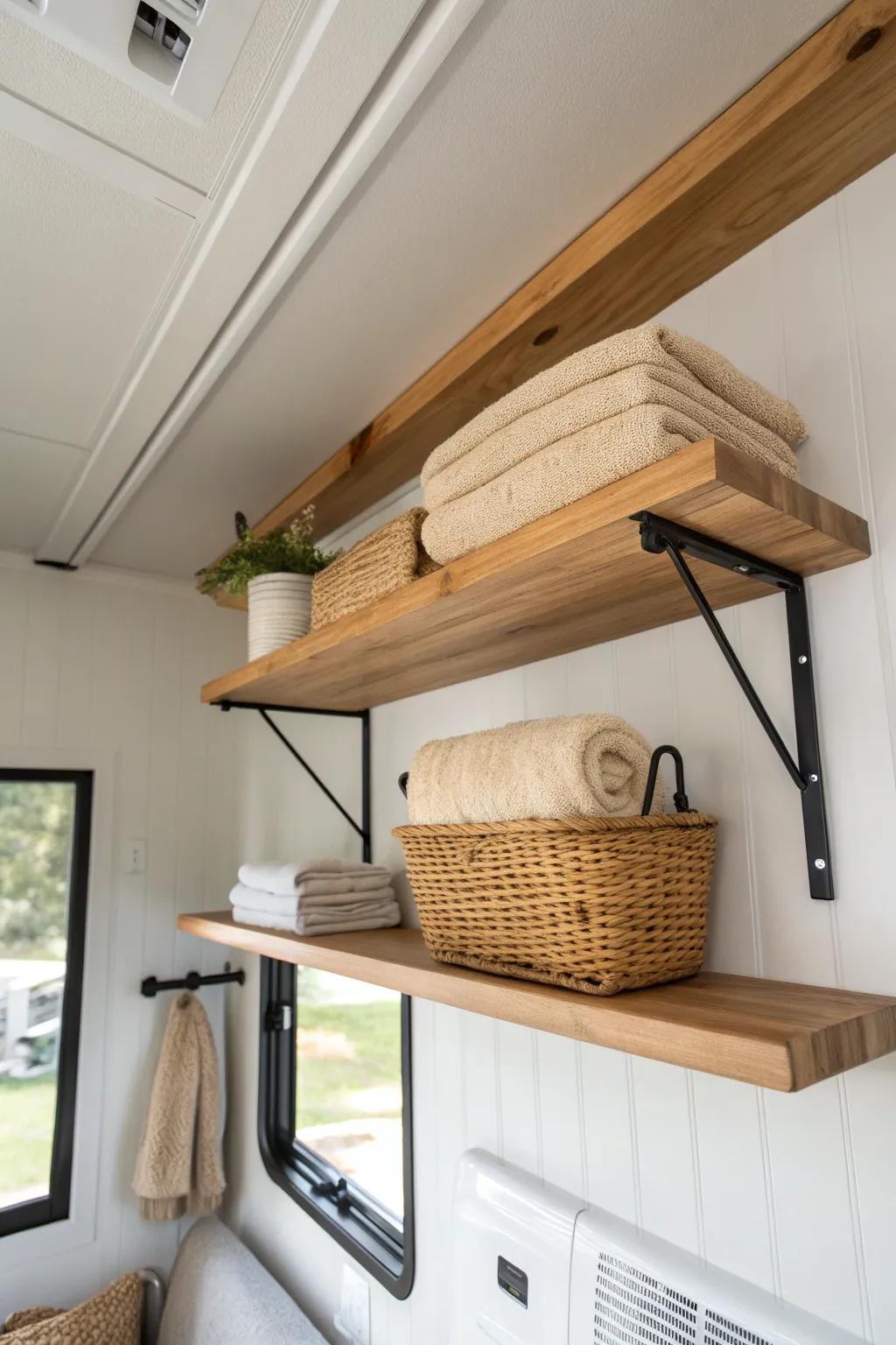 Slim overhead trailer shelf in warm wood—stores light gear up high and frees floor space.