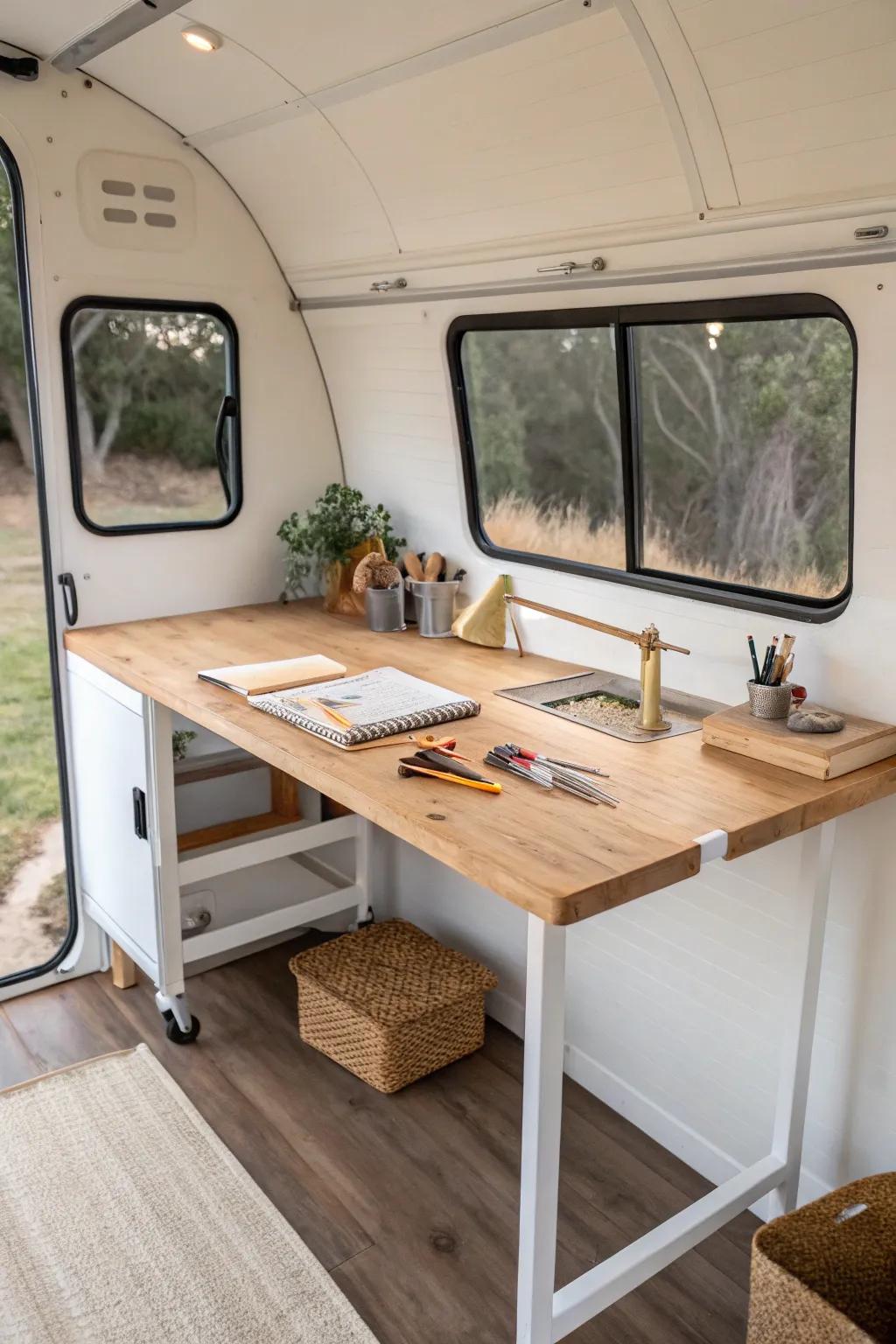A cozy L-shaped corner workbench that turns your trailer’s front corner into a calm command center.