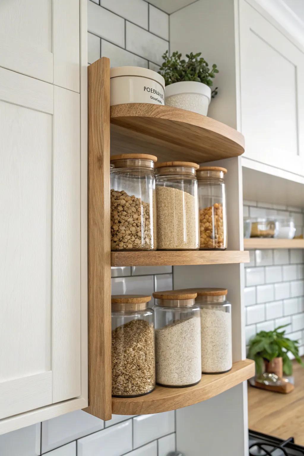 Slim open end shelves turn a blank cabinet side into styled storage with matching jars.