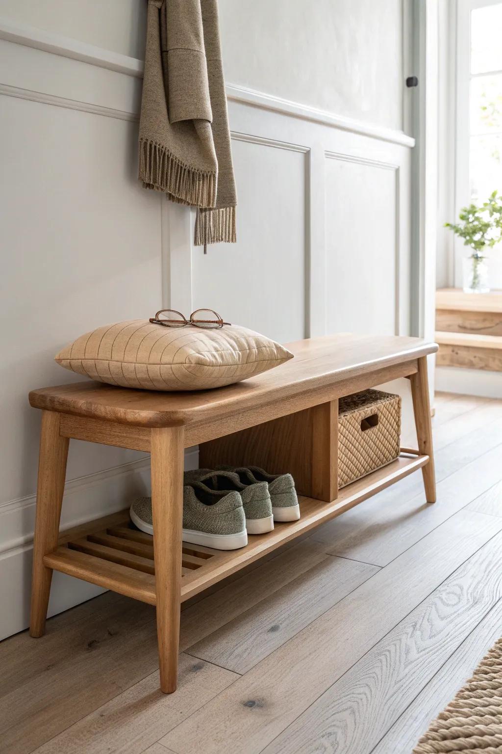 A slim oak entry bench with open storage—perfect for easy shoe-on moments in tight halls.