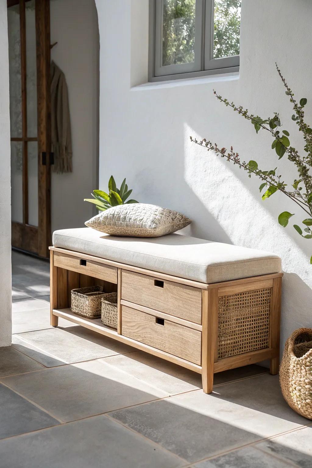 A slim shoe bench with hidden storage keeps a tiny entryway tidy, calm, and inviting.