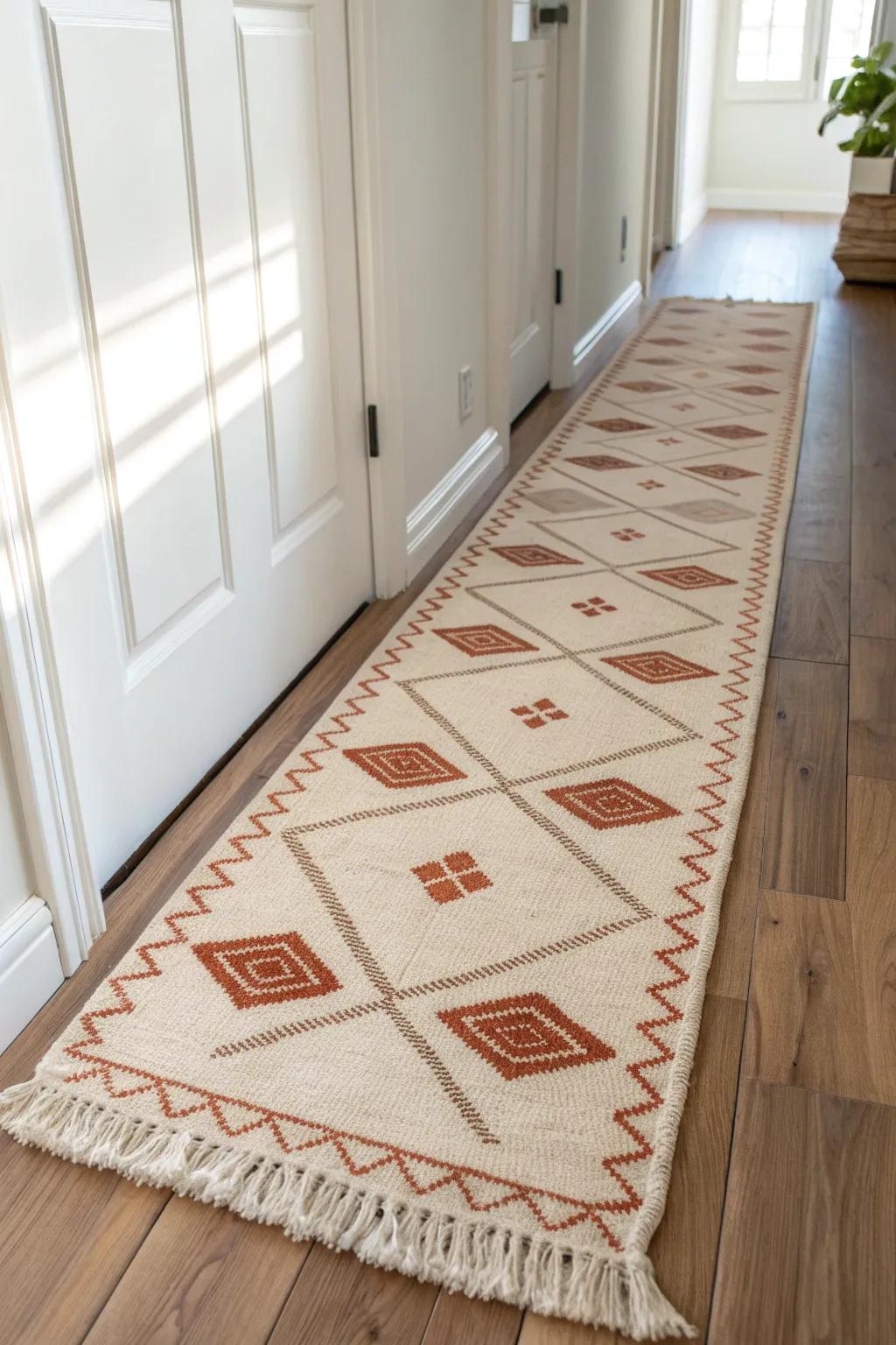 A washable runner rug makes a narrow entry feel intentional—and protects floors from gritty shoes.
