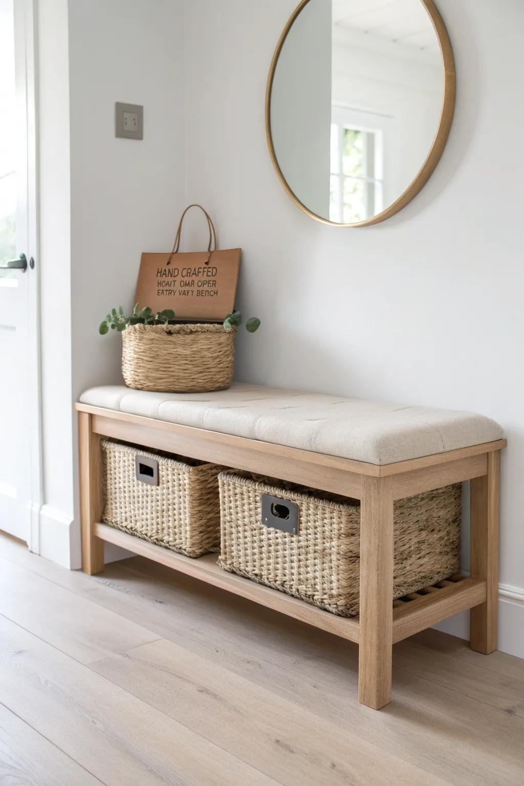 Light oak bench with labeled woven baskets + round mirror, hidden storage that keeps small entryways calm.