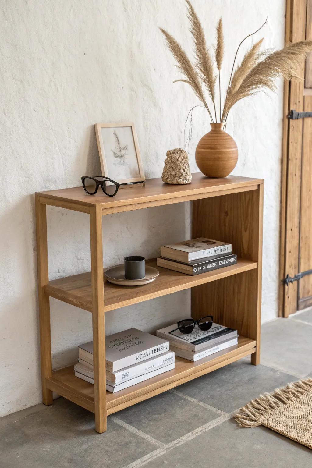 A low bookcase doubles as a chic entryway drop zone—books below, essentials on top.
