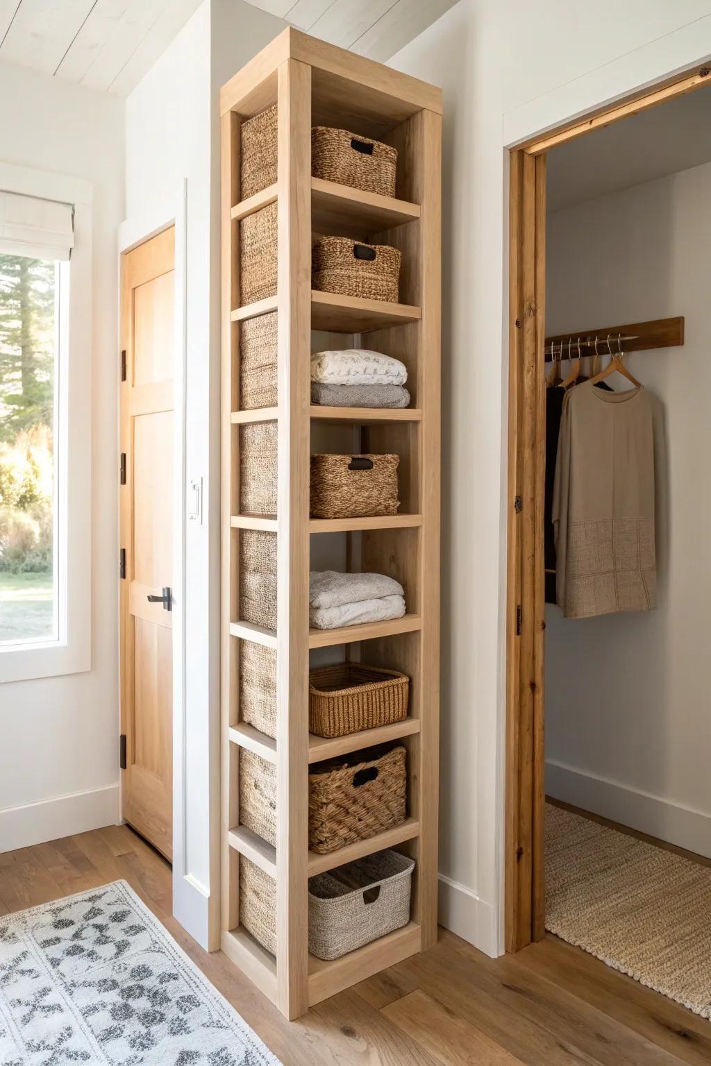 Go vertical: slim floor-to-ceiling shelves turn entryway closet dead space into order.