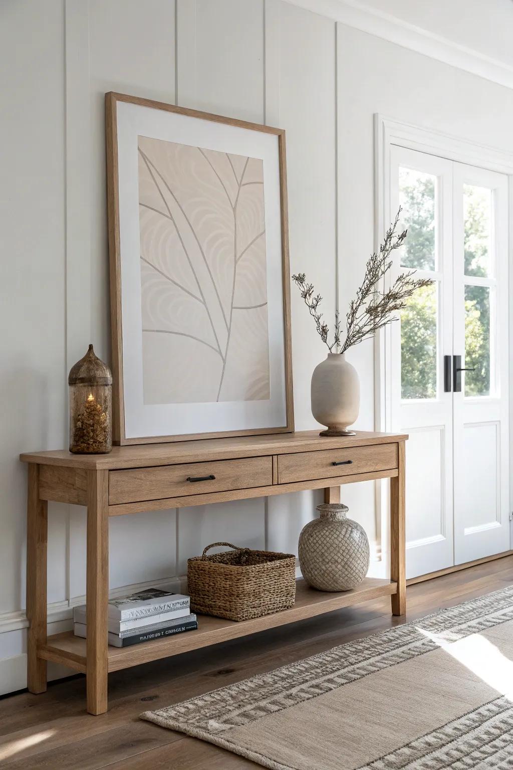 Layer frames on your console: lean one large print, offset a smaller frame for cozy depth.