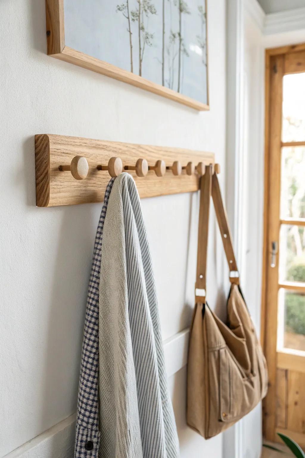 Stagger wall hooks at two heights—easy drop zone for bags and coats in a small entryway.