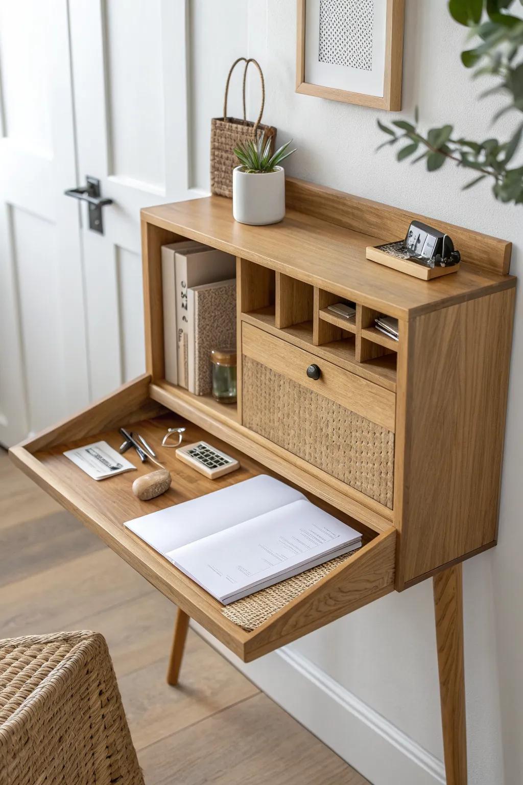 A slim drop-zone desk that keeps keys and mail contained—perfect for a tidy entryway office.