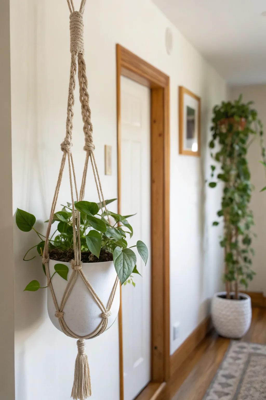 A woven hanging planter by the door adds lush greenery—without taking up any entryway space.