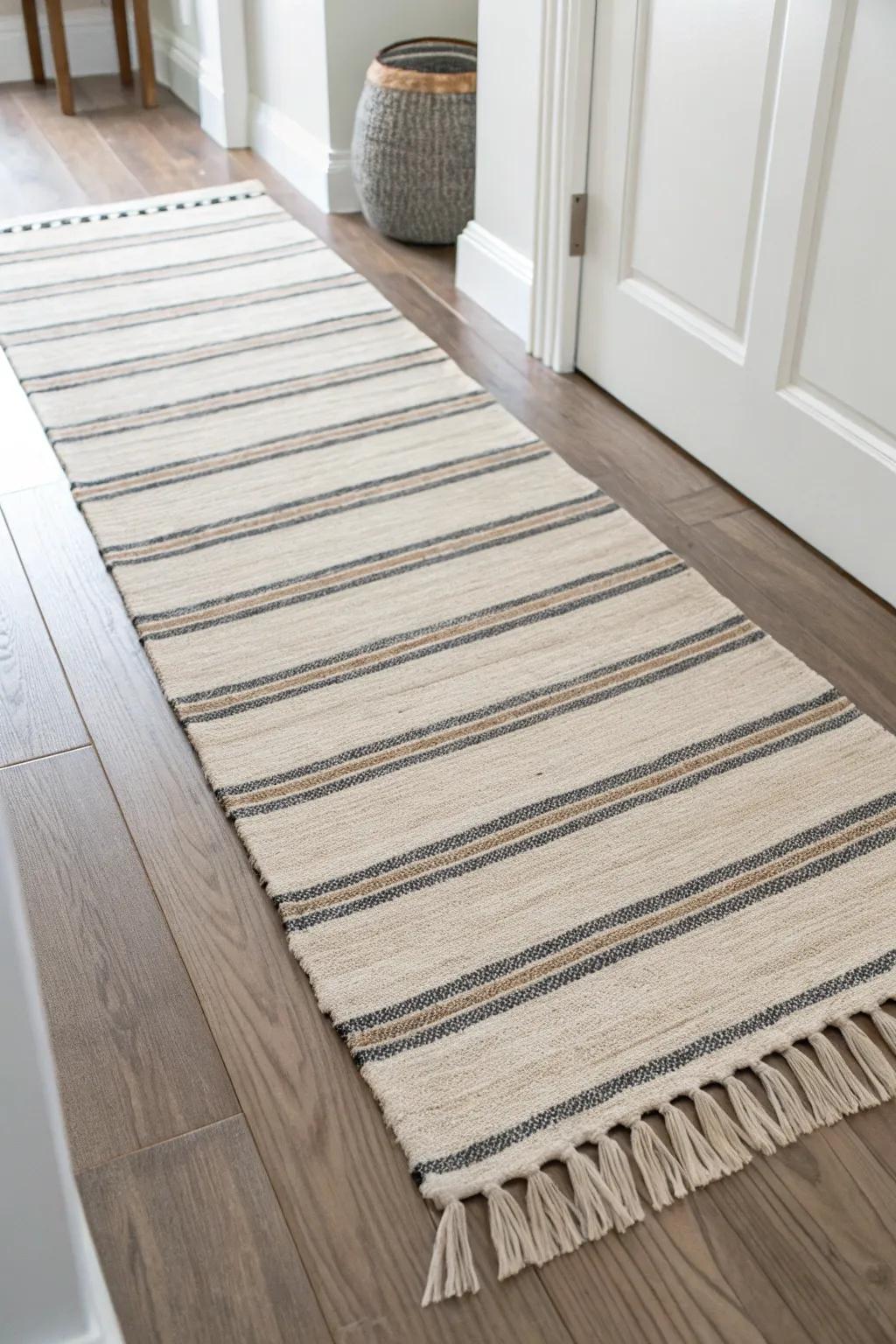 A striped runner that draws the eye forward—instantly making a small entry feel longer.