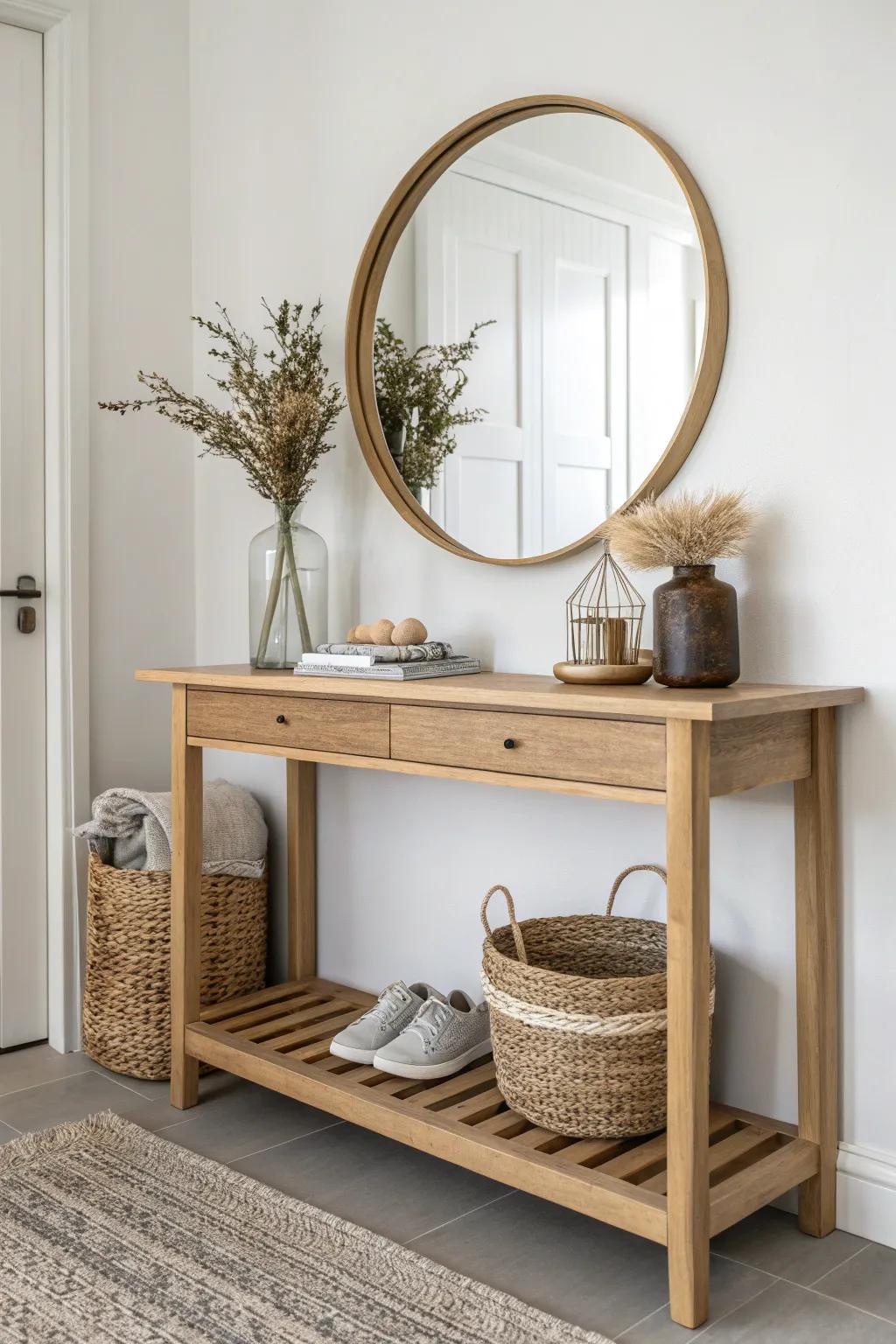 Open-shelf entryway table + round mirror, with woven baskets to hide everyday clutter beautifully.