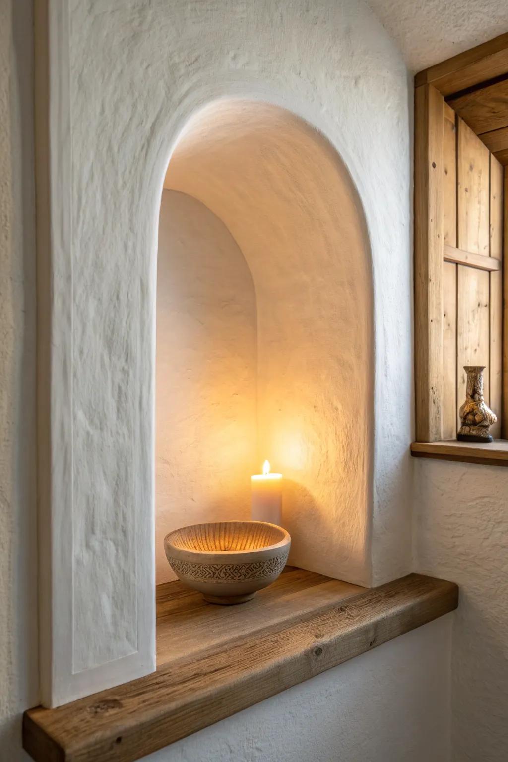 Warm puck lights turn a simple entryway niche into a cozy built-in—perfect for late-night keys.