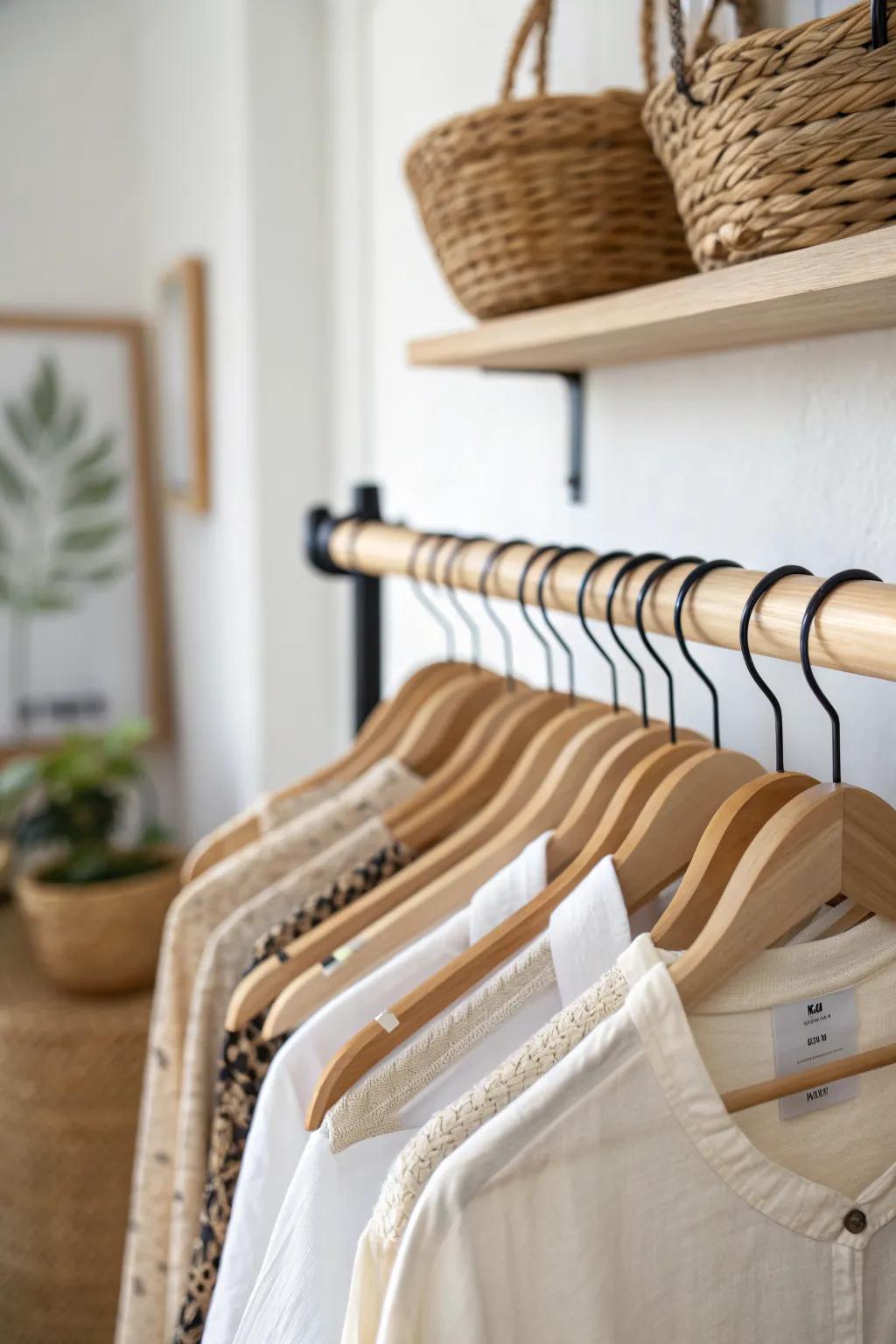 Matching hangers instantly calm the visual noise of an open closet—simple, chic, cohesive.