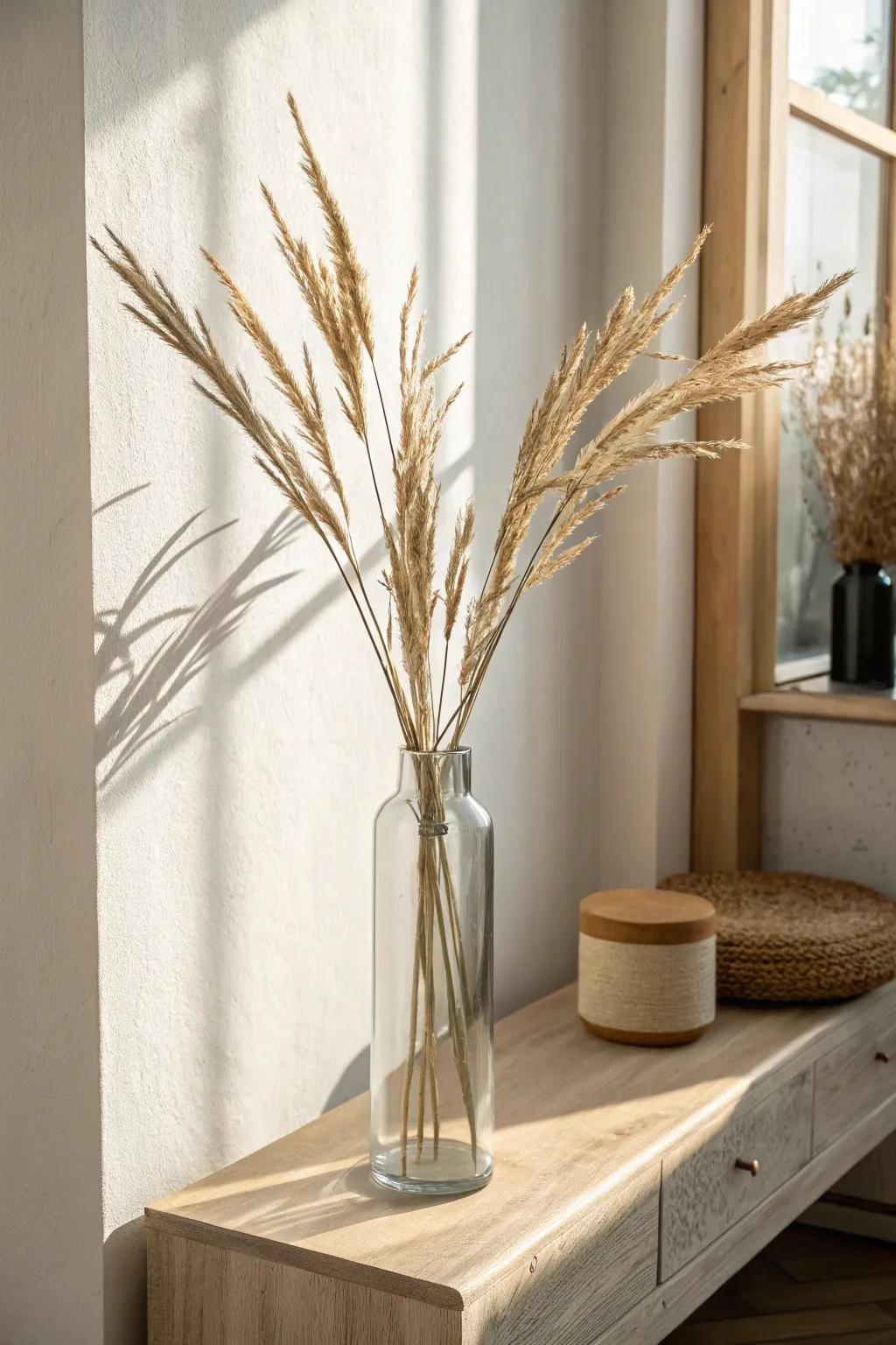 Tall dried wheat and branches add effortless fall drama without stealing surface space.