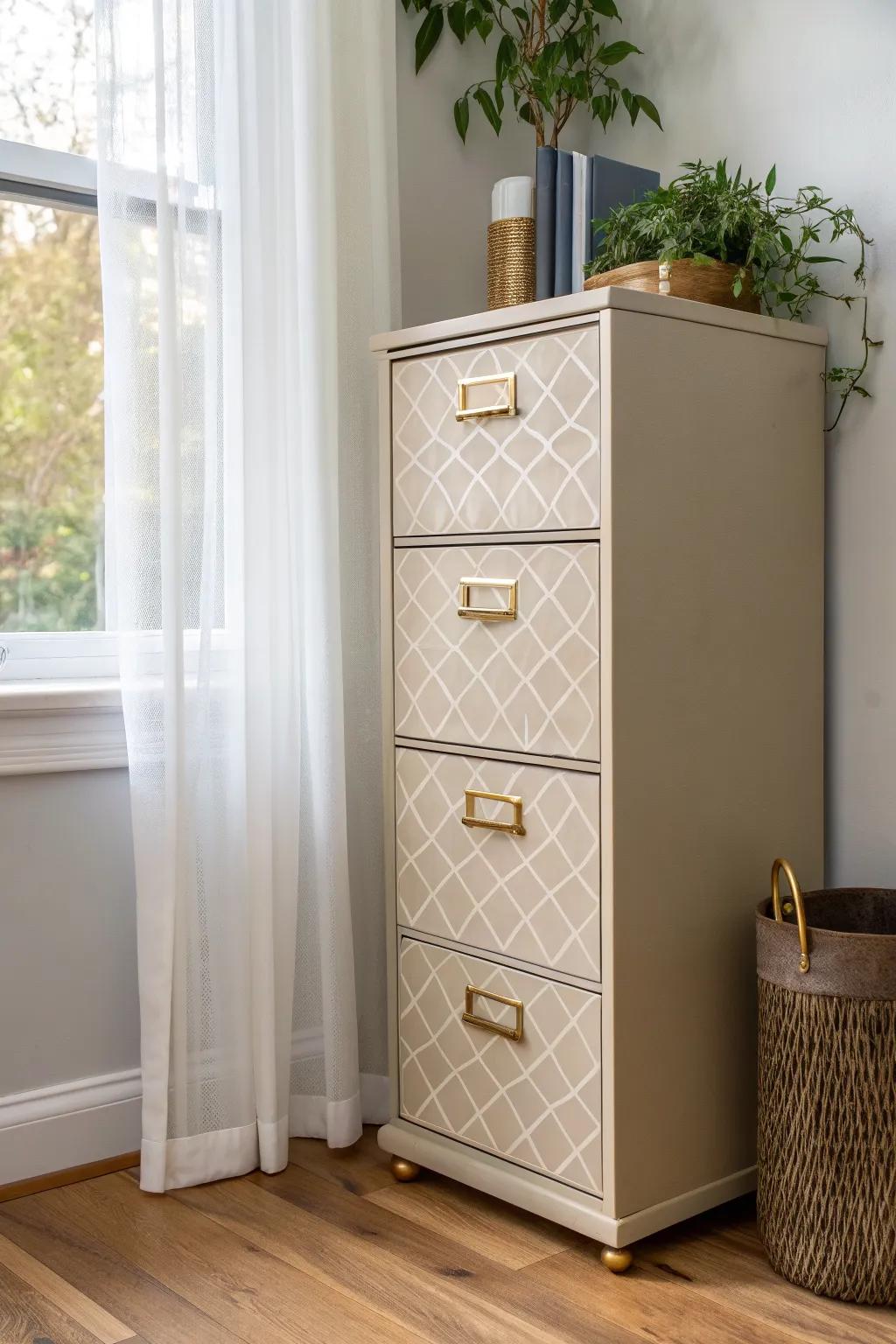 Tone-on-tone geometric stenciling makes a small file cabinet look custom—without adding bulk.