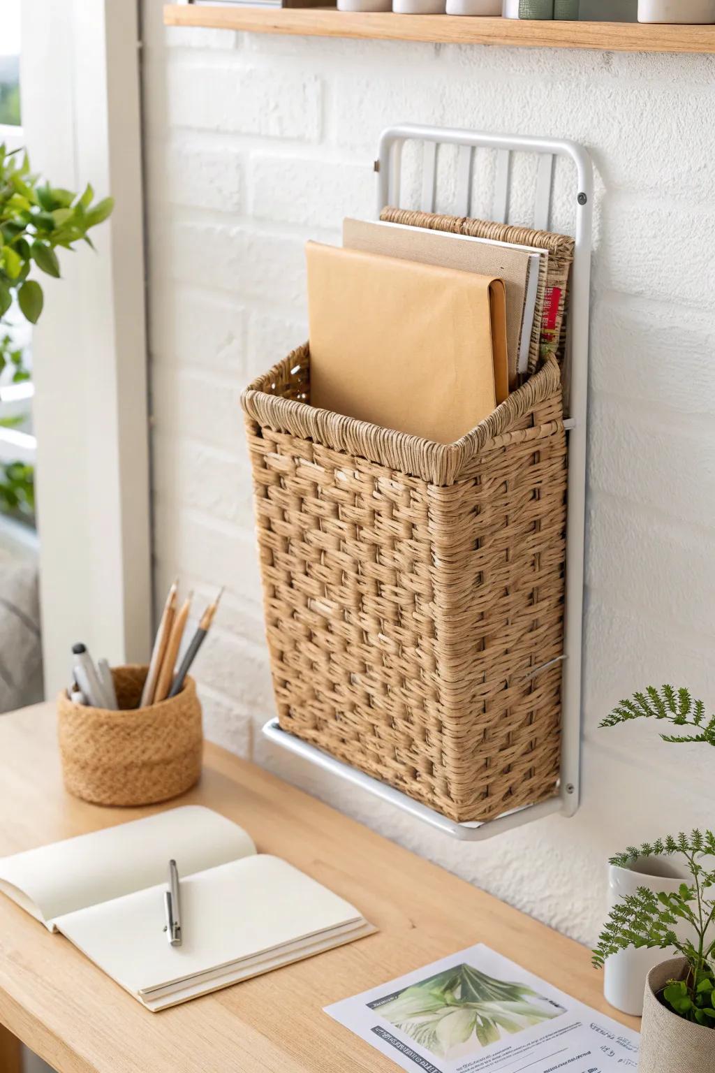 Go vertical with chic wall pockets—keep active papers tidy without taking up desk space.