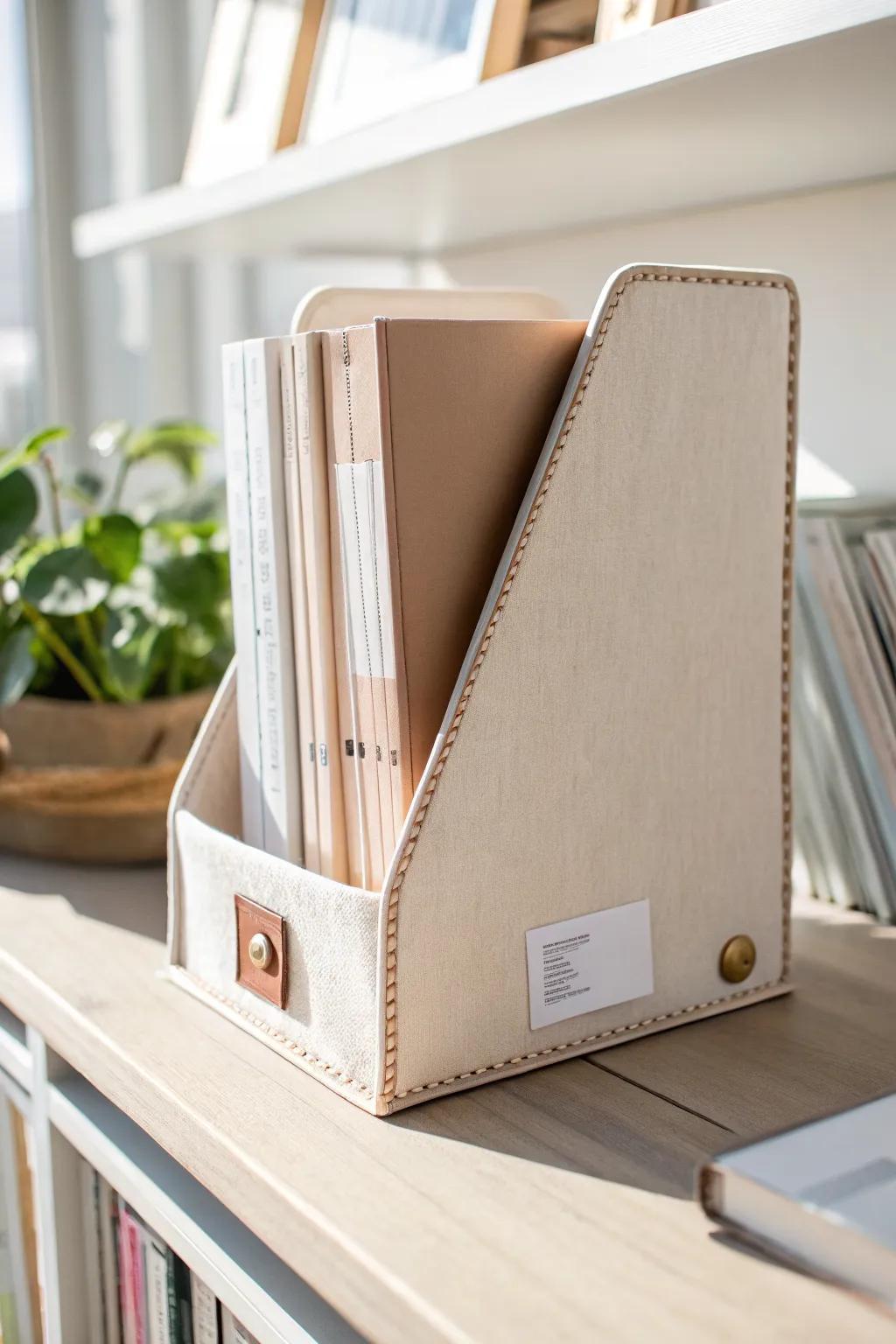 A chic magazine holder turns one shelf into a beautiful, hidden file storage system.