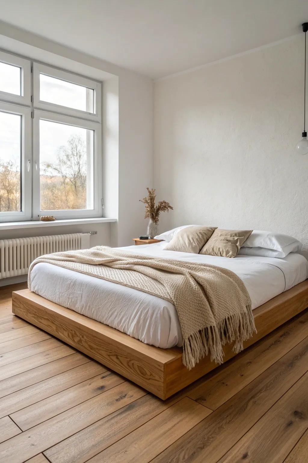 A low floating bed frame lifts the room’s vibe—making small ceilings feel instantly taller.