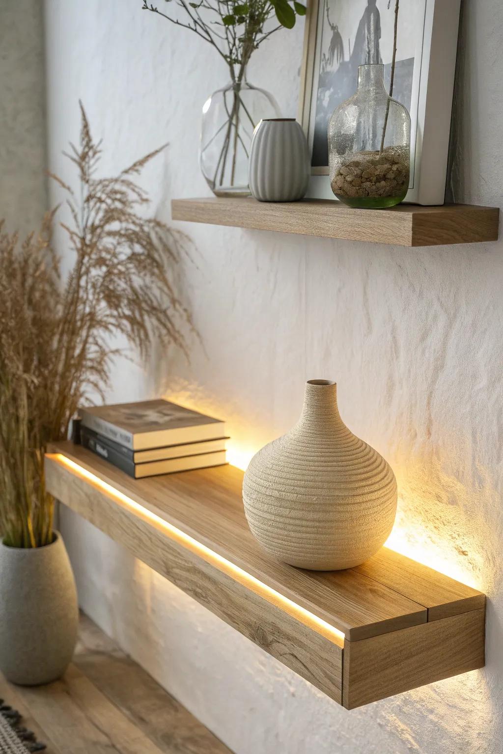 Warm white shelf lighting turns a simple floating shelf into an instant cozy focal point.